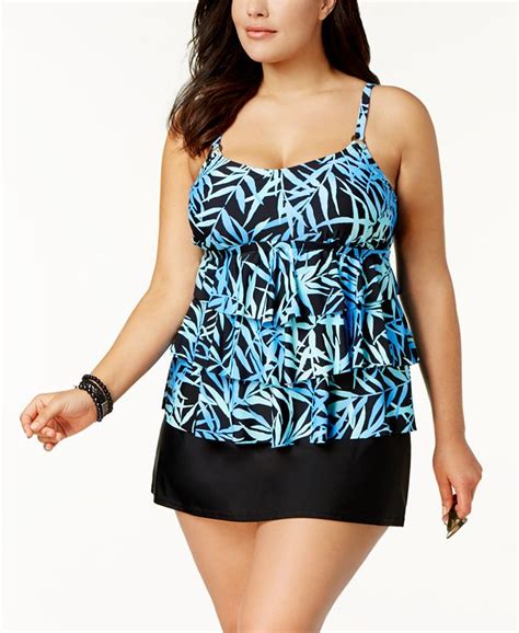 Island Escape Plus Size Seaside Shades Printed Tiered Underwire Tankini