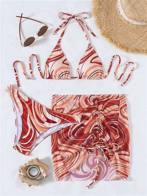 SHEIN Swim Vcay Marble Print Bikini Set Halter Triangle Bra Bikini