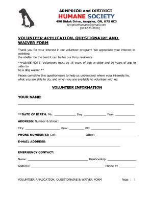 Fillable Online Volunteer Application Questionaire Waiver Form Fax