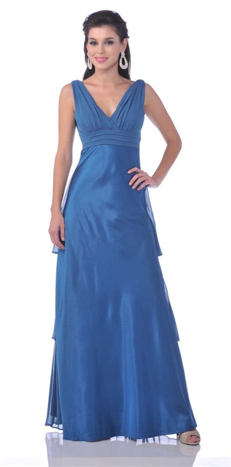 Plus Size Teal Blue Bridesmaid Dress Chiffon V Neck Empire Waist Long