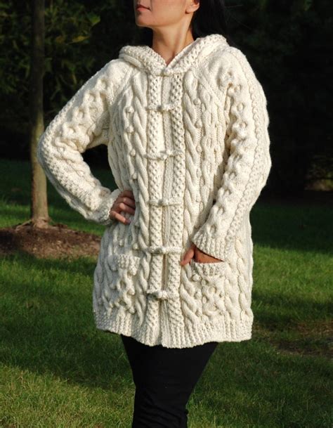 Hand Knit Women Chunky Cable Aran Irish Fisherman Sweater Coat Etsy