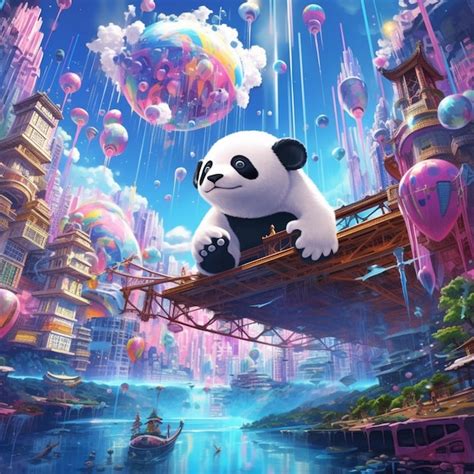 Premium Photo Panda Bear Floating In The Sky With Balloons Floating