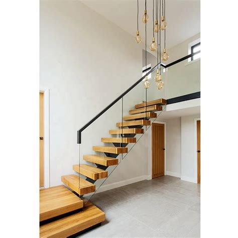 Wooden Indoor Stair LED Mono Stringer Wrought Iron Floating Staircase