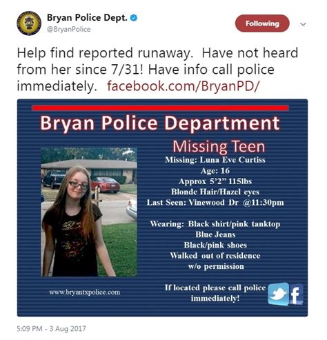 Update Bryan Police Announce Runaway Has Been Found Wtaw 1620am And 94 5fm