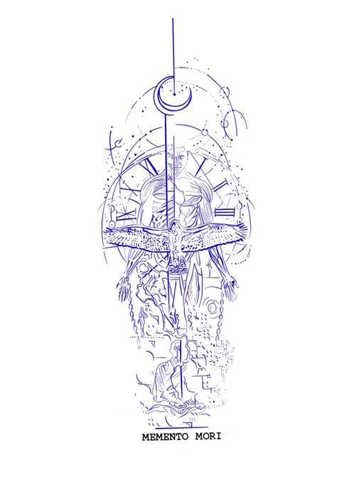 A Blue Ink Drawing Of A Person Holding A Clock And The Words Mermeto