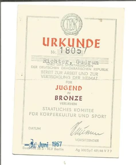 Ddr Urkunde Sportabzeichen Der Ddr Jugend Bronze Eur