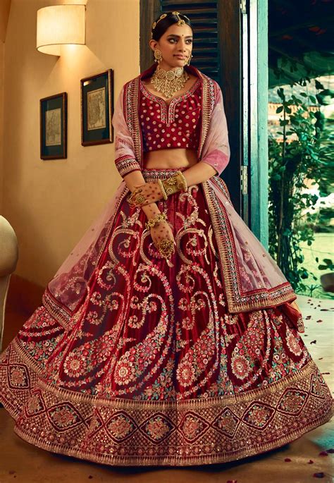 Maroon Embroidered Velvet Bridal Lehenga