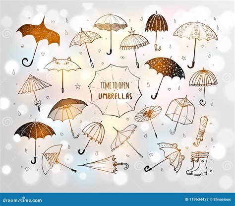 Set Of Doodle Sketch Umbrellas On White Glowing Background Stock Vector Illustration Of Hand