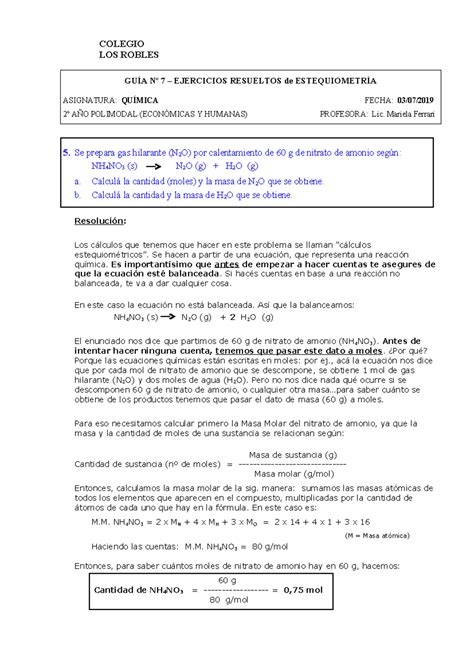 Estequiometria Ejercicios Resueltos Gu A N Ejercicios Resueltos