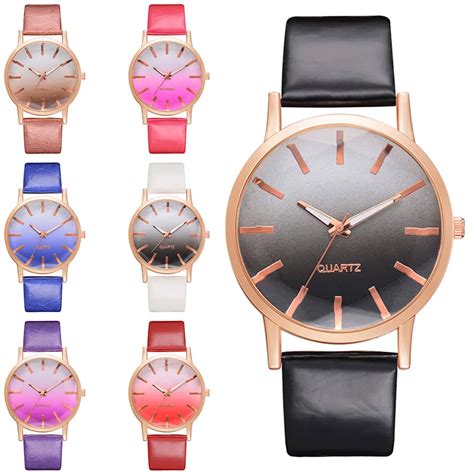 Quartz Wrist Watch With Durable Pu Leather Strap Simple Style Gradient