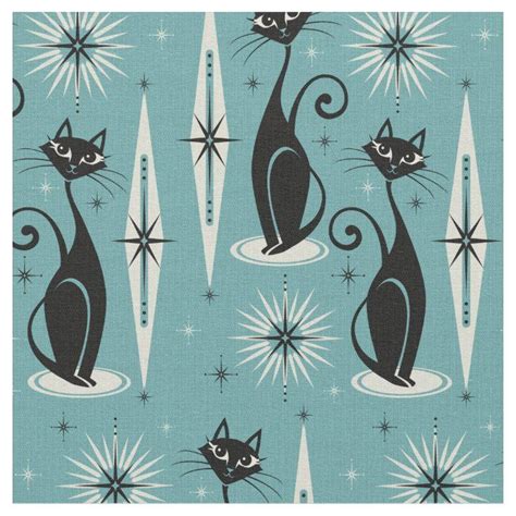 Mid Century Meow Retro Atomic Cats On Blue II Fabric Gender Unisex