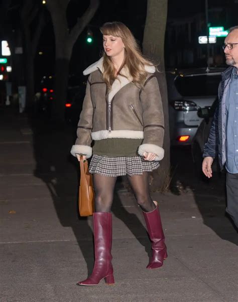 Taylor Swift In Brown Shearling Jacket And Burgundy Knee Boots Nyc