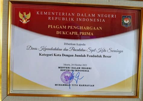 Pemkot Surabaya Raih Penghargaan Dukcapil Prima Award Surabaya Today