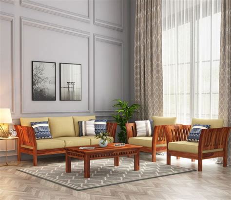 Buy Raiden Wooden Sofa Set With Washable Zipper Cover Honey Finish