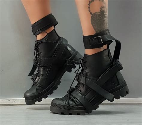Extravagant Strappy Boots Black Women Boots Genuine Boots Gothic