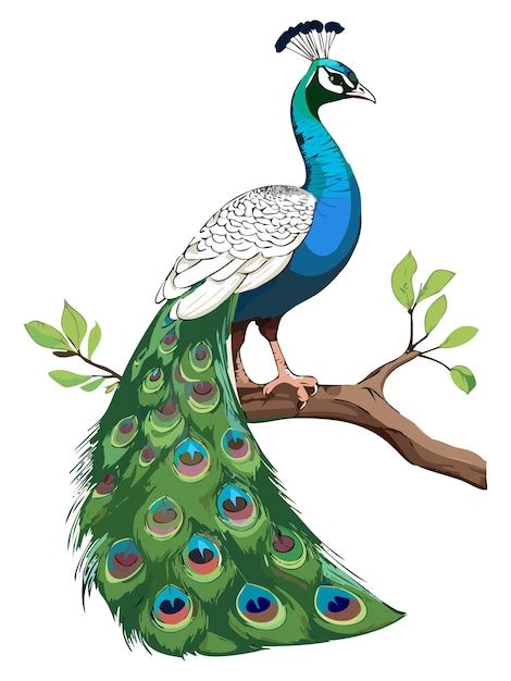 Ilustración vectorial vibrante de un pavo real en una rama de árbol con