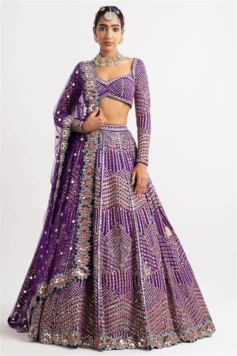 Purple Georgette Zari Embroidered Bridal Lehenga Set By Vvani By Vani