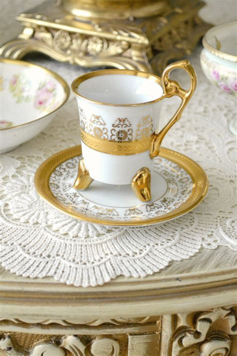 Vintage Porcelain Footed Demitasse Cup And Saucer Cream And Gold Cocoa Cup Vintage