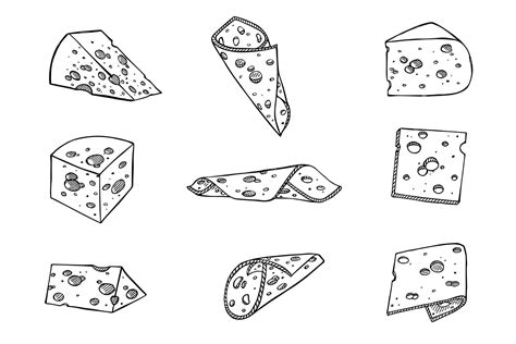 Hand Drawn Set Of Cheese Parts And Slices Cheese Icon Vector Cheese