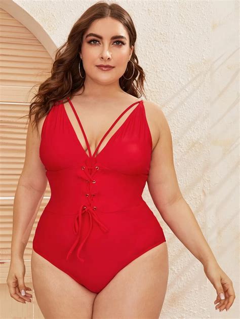 Plus Lace Up Front Harness One Piece Swimsuit Shein One Piece One