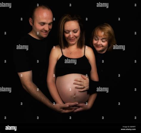 Pregnant Woman Couple Mom Touching Exposed Bare Naked Belly Tummy