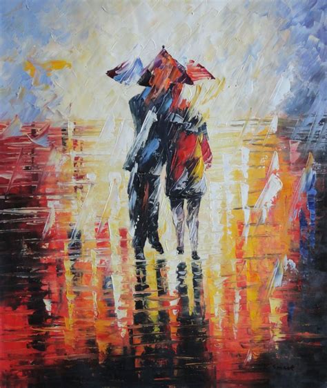 Couple Walking Under Umbrella In Rain Oil Painting Portraits