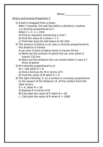 Direct And Inverse Proportion Worksheet Teaching Resources