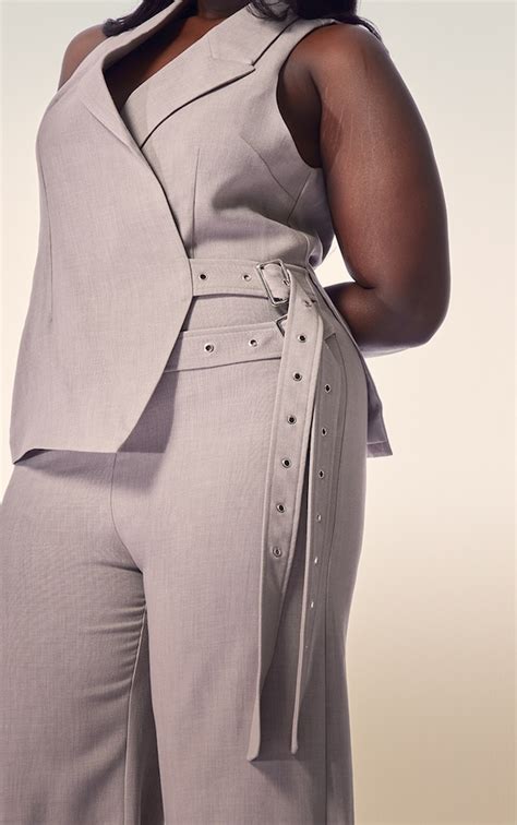 Plt Label Plus Light Grey Tailored Vest Belt Detail Jumpsuit