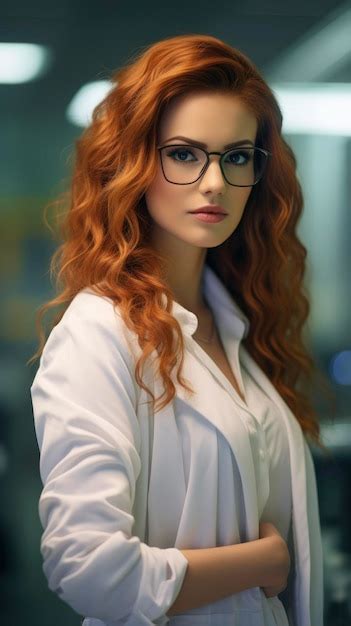 Premium Ai Image Beautiful Young Redhead Woman Scientist In White Coat