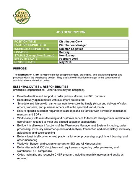 Distribution Clerk 1 Job Description Position Title Distribution Clerk Position Reports To