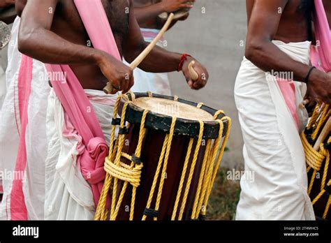 Indian Men Play Traditional Percussion Instrument In Kochi Kerala Stock