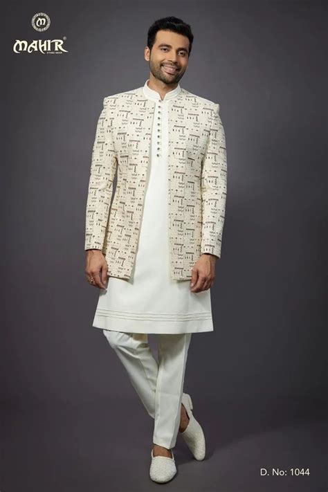 Mahir Men White Jacquard Indo Western Jacket Set At Rs Set Men