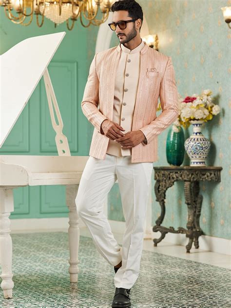 Peach Silk Jacketed Mens Bandhgala Suit