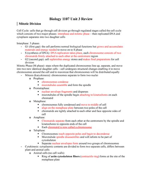 Bio Unit Review Biology Unit Review Mitotic Division