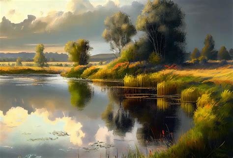 Premium Photo House On The Lake Oil Painting Artist Painting