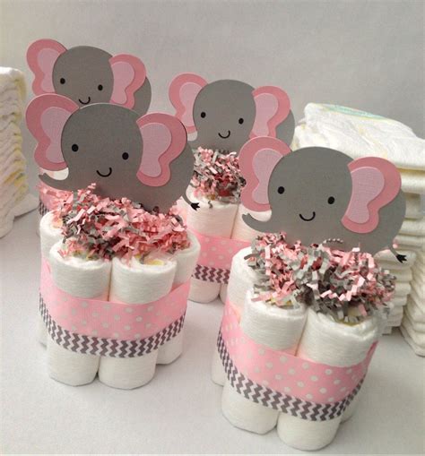 Four Pink Grey Elephant Mini Diaper Cakes Baby Shower Centerpiece