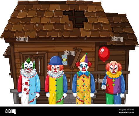 Creepy Clowns Standing In Front Of An Abandoned House Illustration