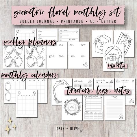 Paper Bullet Journal Printable Planner Inserts Set Geometric Floral