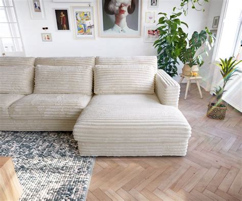 Wohnlandschaft Isla 430x225 cm Plüschcord Beige Ottomane rechts