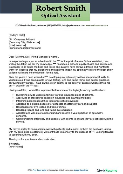 Optical Assistant Cover Letter Examples Qwikresume