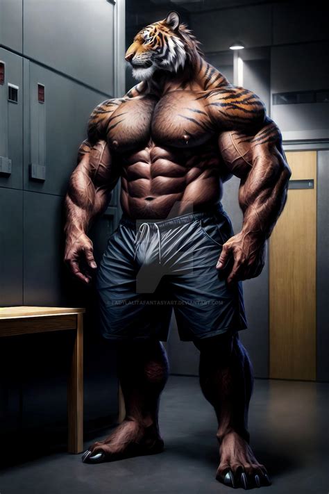 Open Muscular Furry Tiger Bodybuilder Gym Adopt By
