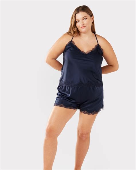 Satin Lace Trim Cami Short Pyjama Set Navy Chelsea Peers