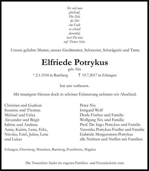 Traueranzeigen von Elfriede Potrykus | trauer.nn.de