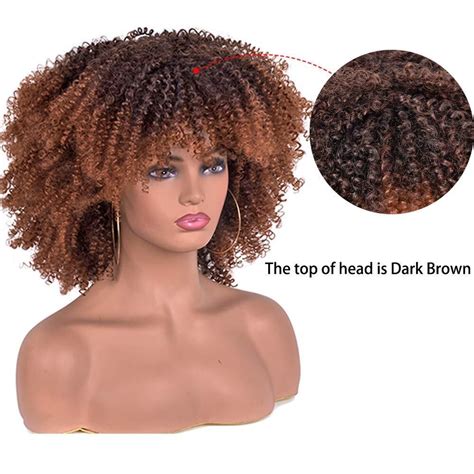 Ombre Brown Curly Afro Wig With Bangs For Women Short Kinky Curly Wig Synthetic Ebay