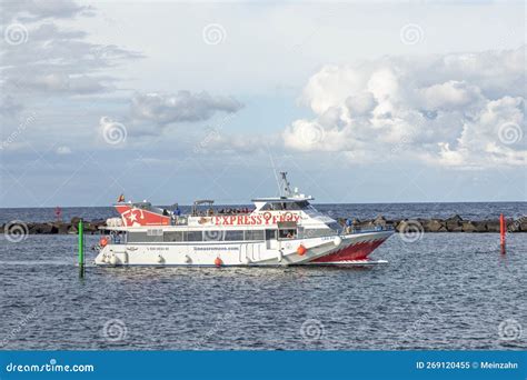 Ferry From La Graciosa Enters The Harbor Of Orzola Spain Editorial