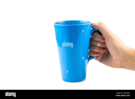 Woman Hand With Blue Cup Of Tea Isolated On White Background Stock