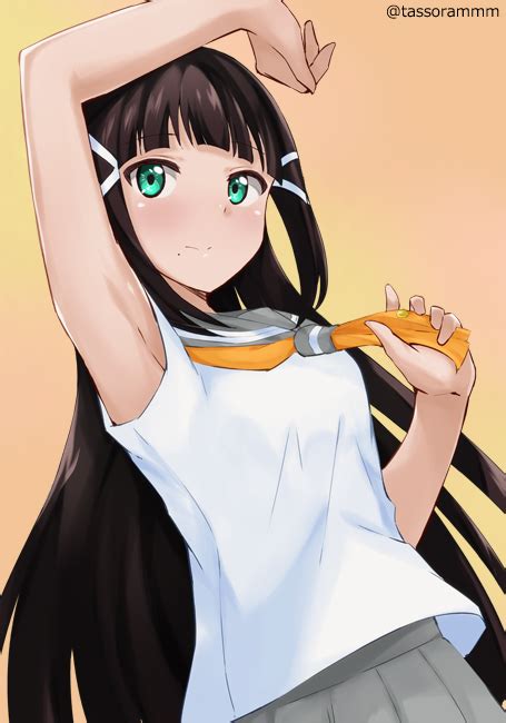 Safebooru 1girl Armpits Bangs Bare Arms Black Hair Blush Closed Mouth Commentary Request