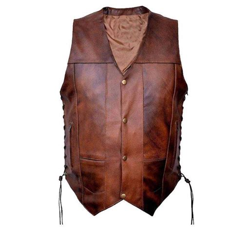 Men Brown Open Collar Leather Vest Jacket World