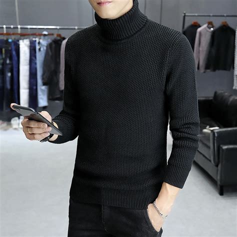 2018 New Mens Turtleneck Sweater Korean Casual Solid Color Double