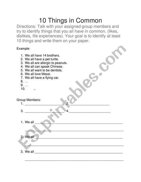 10 Things In Common Group Activity ESL Worksheet By Druz08